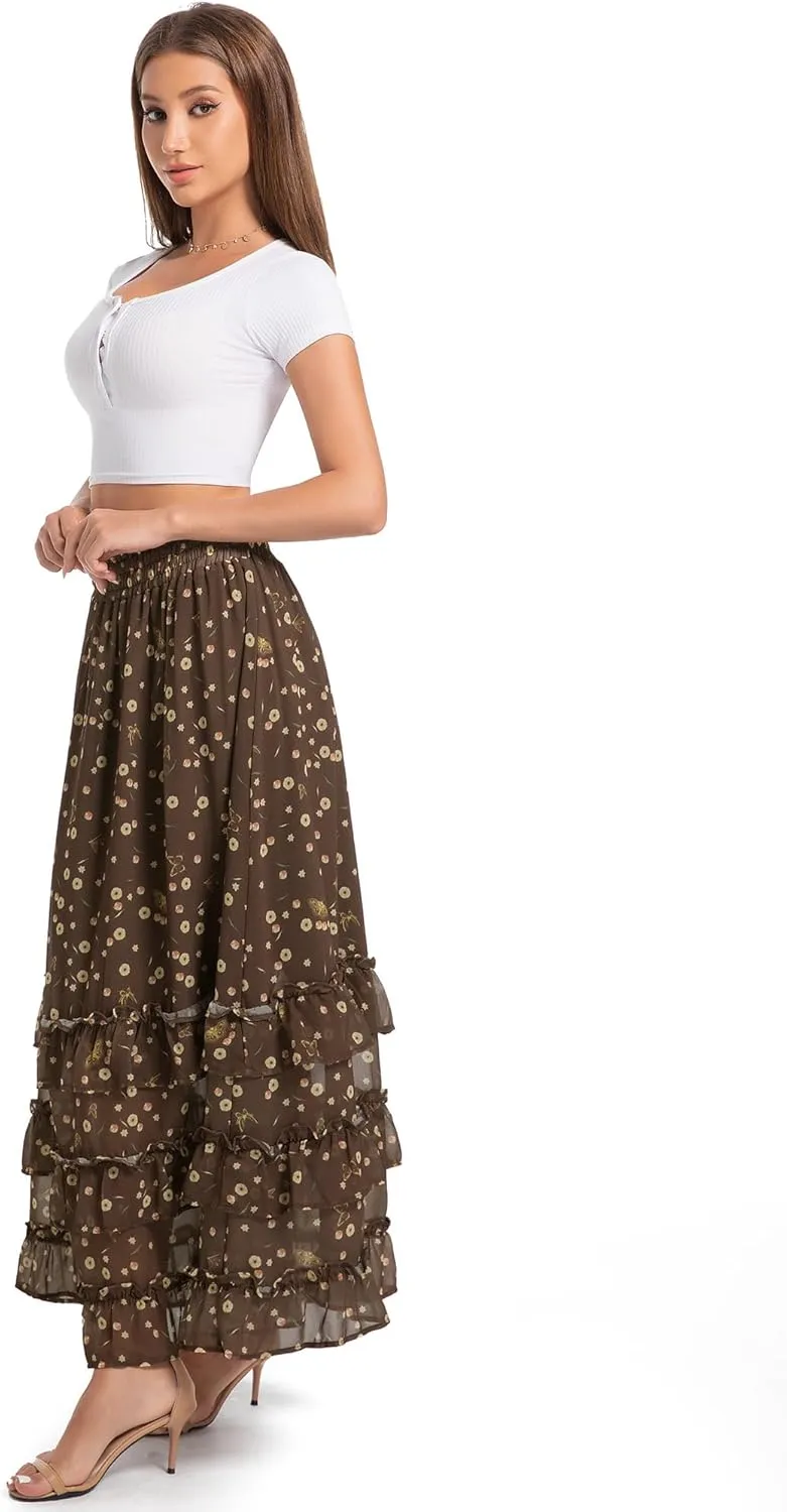 Women's Floral Maxi Skirt Chiffon Elastic High Waist A-Line Long Skirt Flowy Summer Skirts for Beach Party Holiday