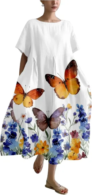 Women's Maxi Dress Casual Trendy Short Sleeve Crew Neck Boho Butterfly Print Plus Size T Shirts Dress