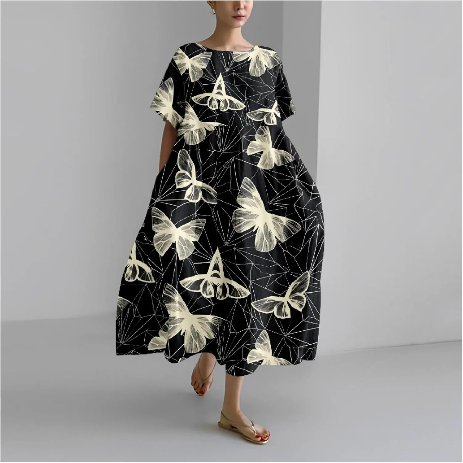 Women's Maxi Dress Casual Trendy Short Sleeve Crew Neck Boho Butterfly Print Plus Size T Shirts Dress