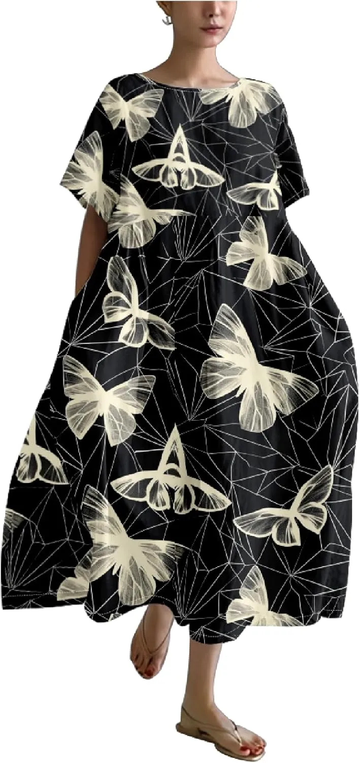 Women's Maxi Dress Casual Trendy Short Sleeve Crew Neck Boho Butterfly Print Plus Size T Shirts Dress