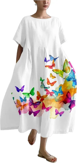 Women's Maxi Dress Casual Trendy Short Sleeve Crew Neck Boho Butterfly Print Plus Size T Shirts Dress