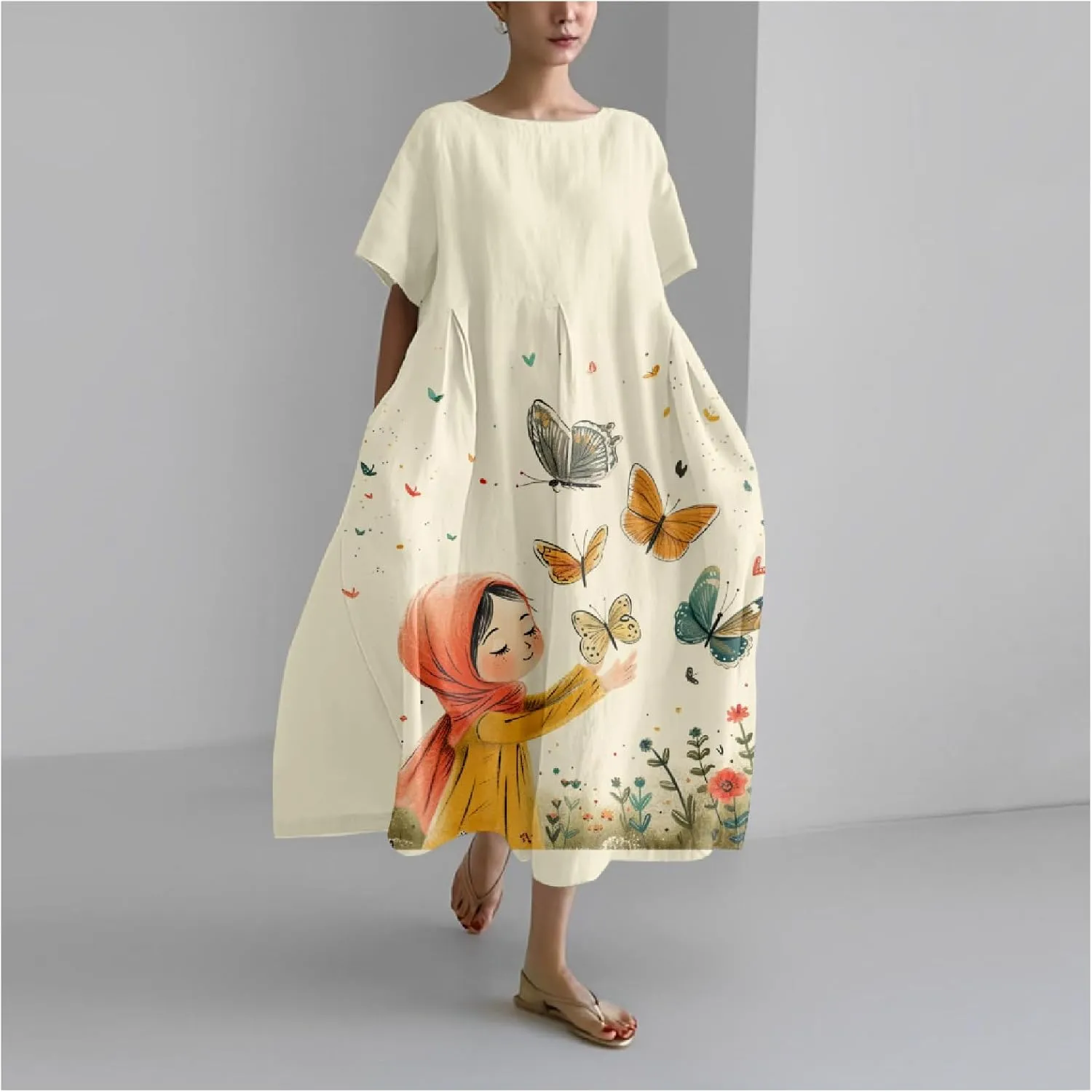 Women's Maxi Dress Casual Trendy Short Sleeve Crew Neck Boho Butterfly Print Plus Size T Shirts Dress