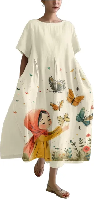 Women's Maxi Dress Casual Trendy Short Sleeve Crew Neck Boho Butterfly Print Plus Size T Shirts Dress