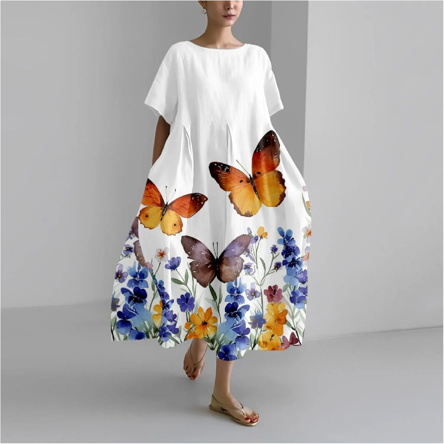 Women's Maxi Dress Casual Trendy Short Sleeve Crew Neck Boho Butterfly Print Plus Size T Shirts Dress