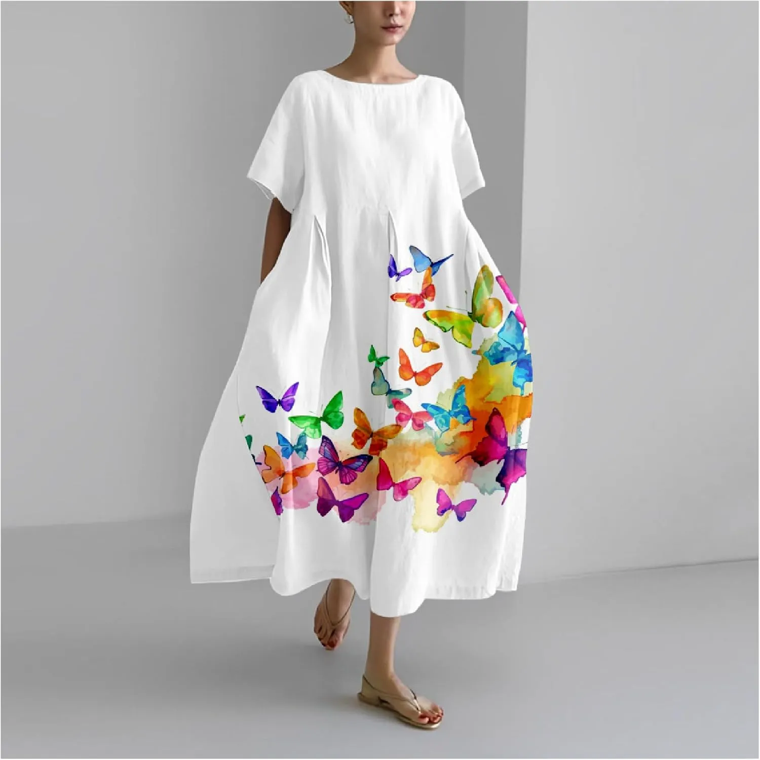 Women's Maxi Dress Casual Trendy Short Sleeve Crew Neck Boho Butterfly Print Plus Size T Shirts Dress