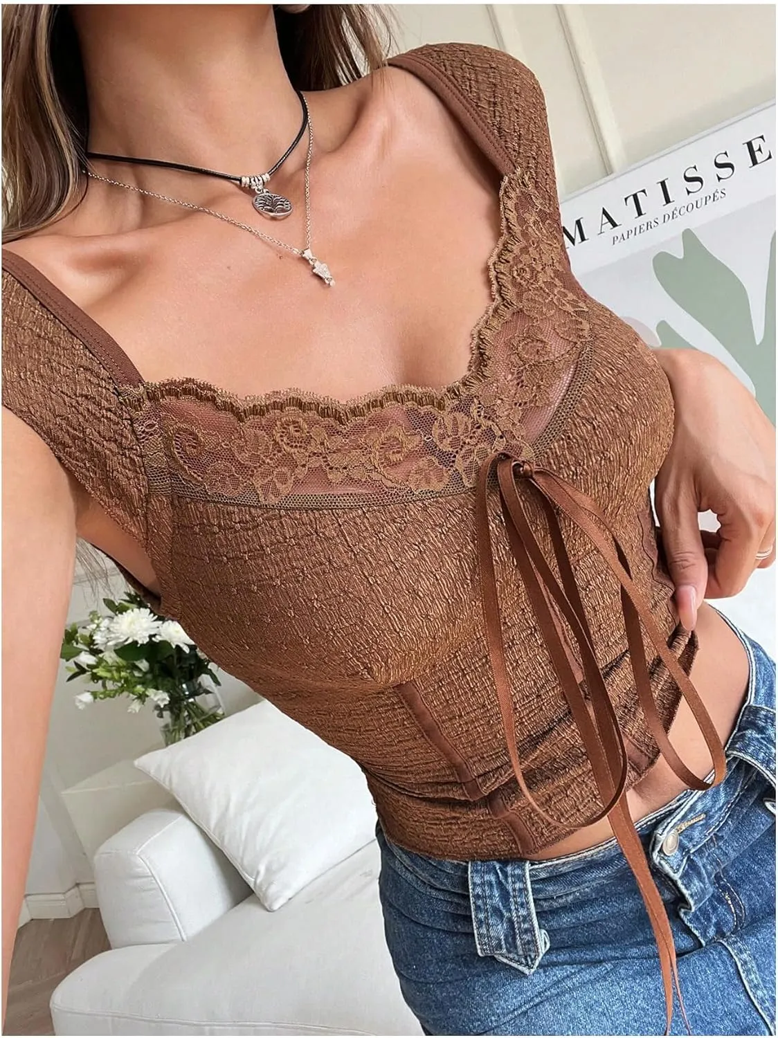 Women's Short Cap Sleeve Textured T Shirts Lace Tie Front Sweetheart Neck Sim Fit Crop Tops Y2K Tees