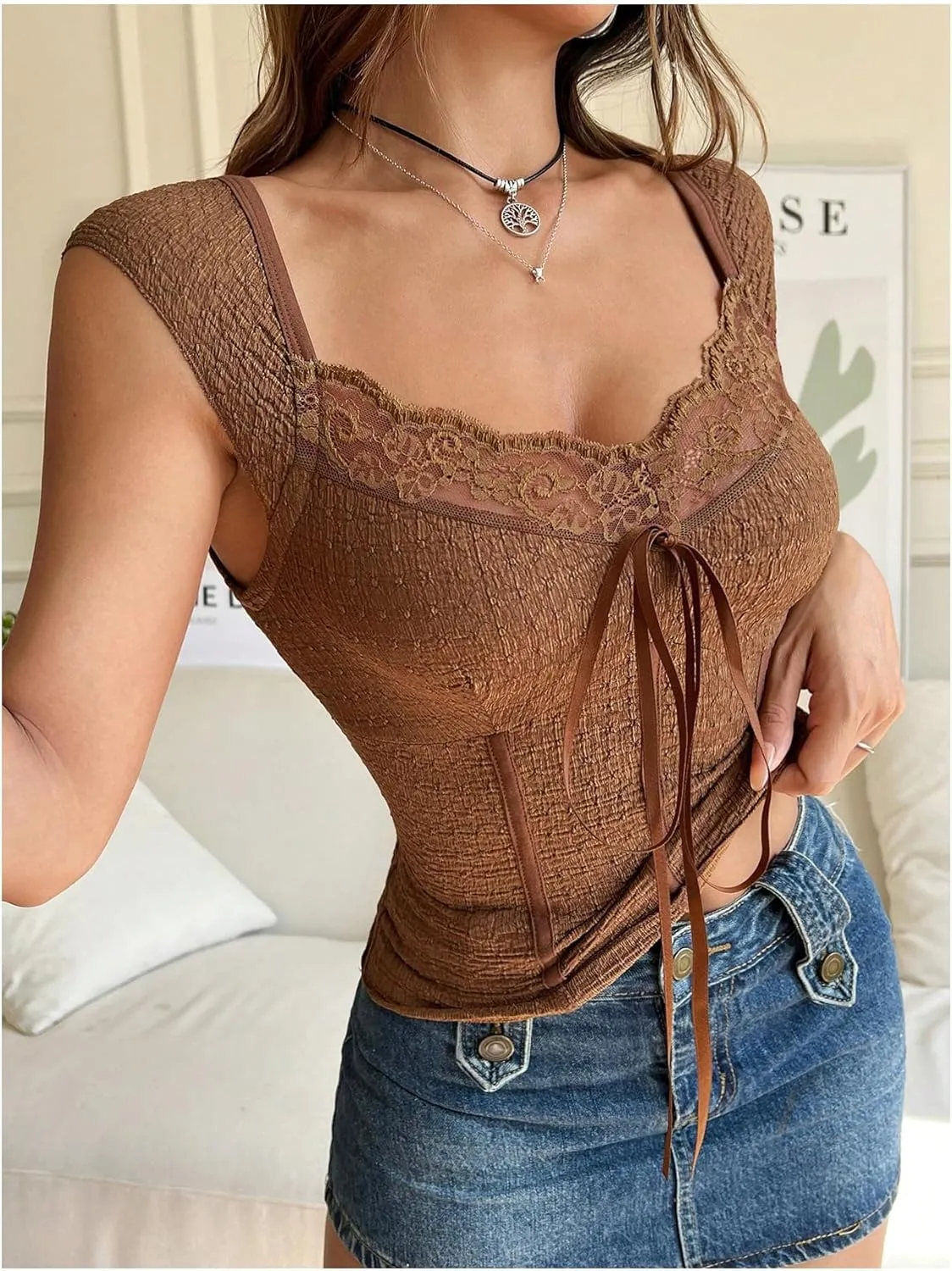 Women's Short Cap Sleeve Textured T Shirts Lace Tie Front Sweetheart Neck Sim Fit Crop Tops Y2K Tees