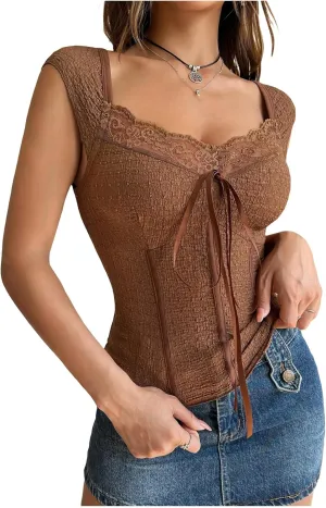 Women's Short Cap Sleeve Textured T Shirts Lace Tie Front Sweetheart Neck Sim Fit Crop Tops Y2K Tees