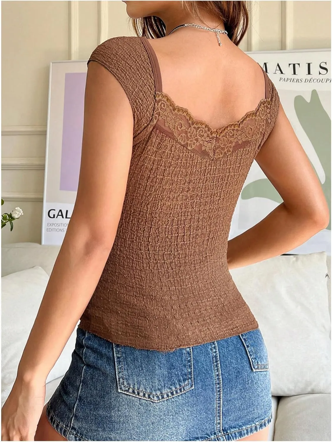 Women's Short Cap Sleeve Textured T Shirts Lace Tie Front Sweetheart Neck Sim Fit Crop Tops Y2K Tees