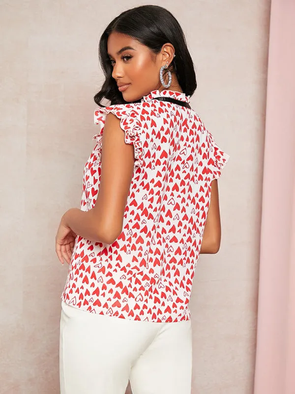 Women's spring and summer loose sleeveless lotus leaf edge print shirt