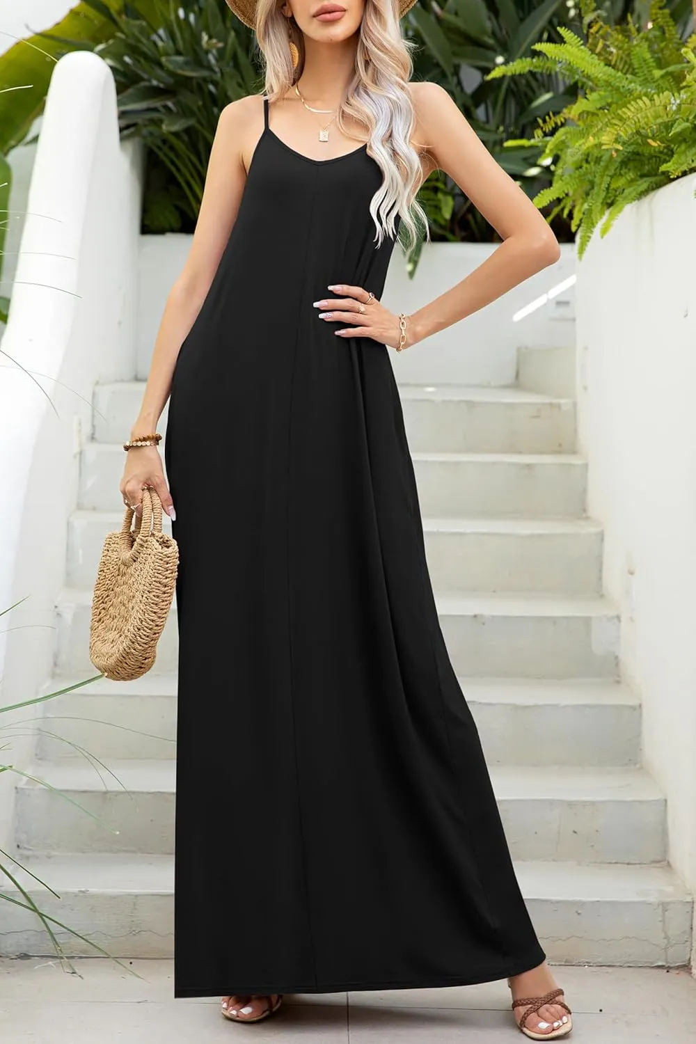 Women's Summer Casual Sleeveless V Neck Strapy Loose Dresses Beach Cover Up Long Cami Maxi Dress with Pockets