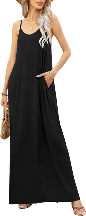 Women's Summer Casual Sleeveless V Neck Strapy Loose Dresses Beach Cover Up Long Cami Maxi Dress with Pockets
