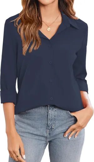 Zeagoo Womens Button Down Shirt Long Sleeve Classic-Fit Dress Shirts Solid Work Office Blouse
