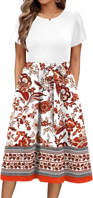 Zeagoo Womens Midi Dress Summer Short Sleeve Dress with Pockets 2025 Casual Floral T-Shirt Dress Flowy Beach Sundress