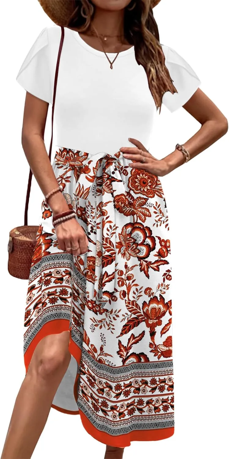 Zeagoo Womens Midi Dress Summer Short Sleeve Dress with Pockets 2025 Casual Floral T-Shirt Dress Flowy Beach Sundress