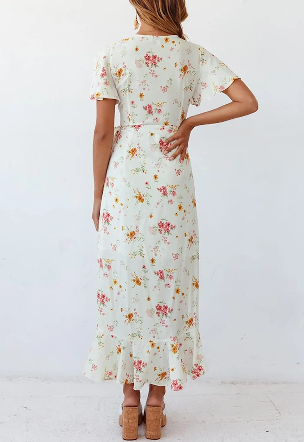ZESICA Women's Summer Bohemian Floral Printed Wrap V Neck Beach Party Flowy Ruffle Midi Dress