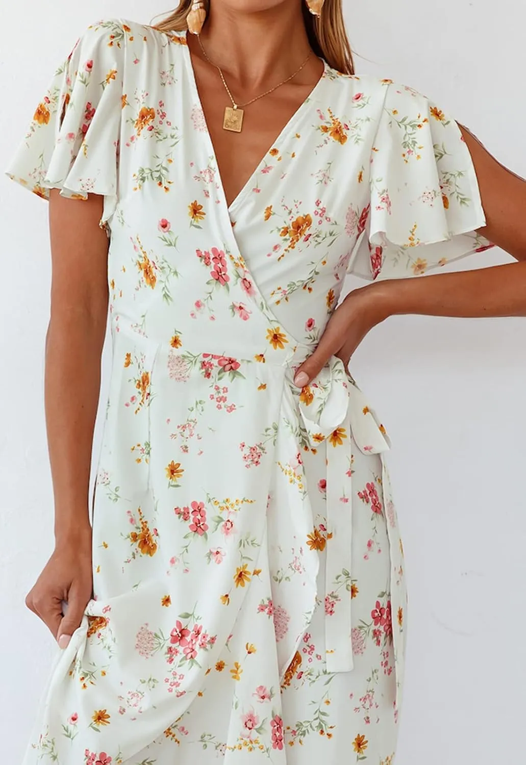 ZESICA Women's Summer Bohemian Floral Printed Wrap V Neck Beach Party Flowy Ruffle Midi Dress