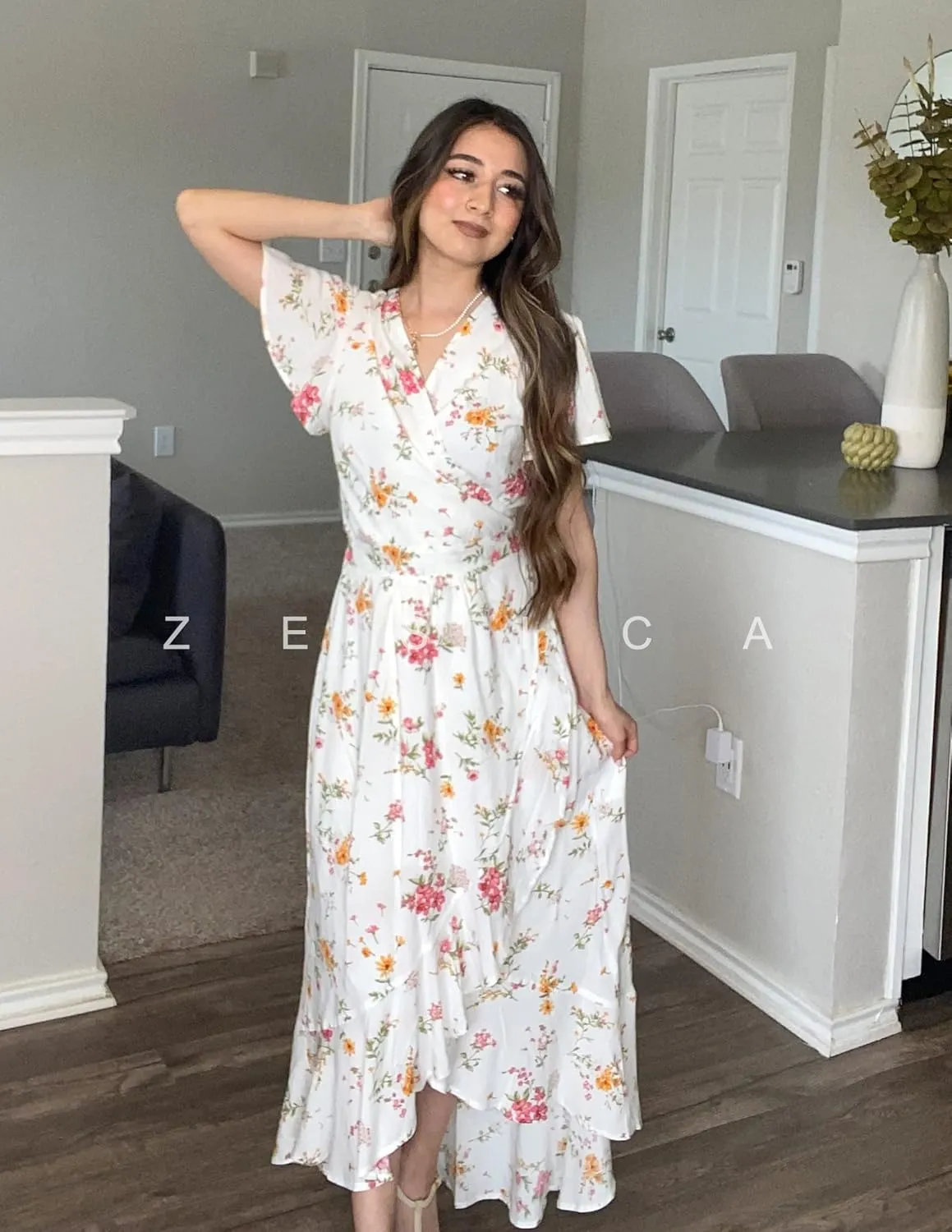 ZESICA Women's Summer Bohemian Floral Printed Wrap V Neck Beach Party Flowy Ruffle Midi Dress