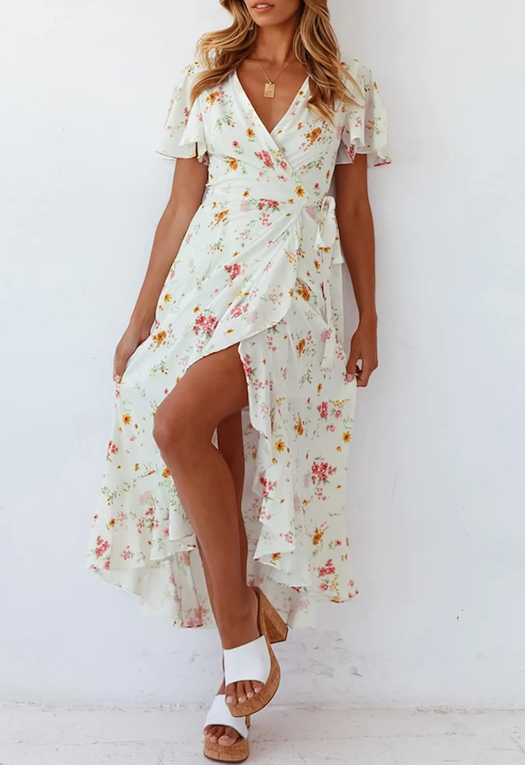 ZESICA Women's Summer Bohemian Floral Printed Wrap V Neck Beach Party Flowy Ruffle Midi Dress