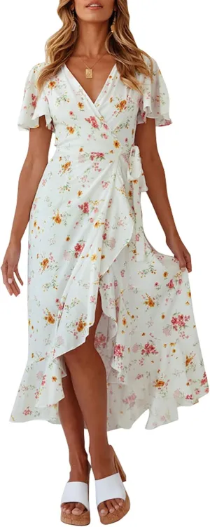 ZESICA Women's Summer Bohemian Floral Printed Wrap V Neck Beach Party Flowy Ruffle Midi Dress