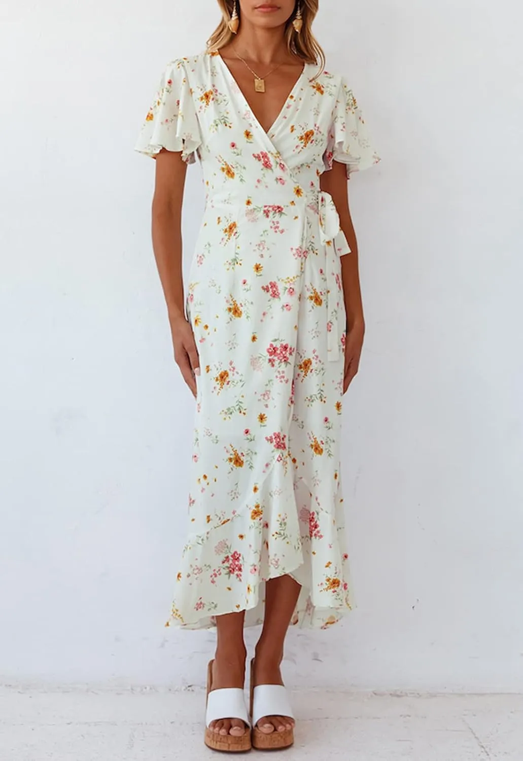 ZESICA Women's Summer Bohemian Floral Printed Wrap V Neck Beach Party Flowy Ruffle Midi Dress