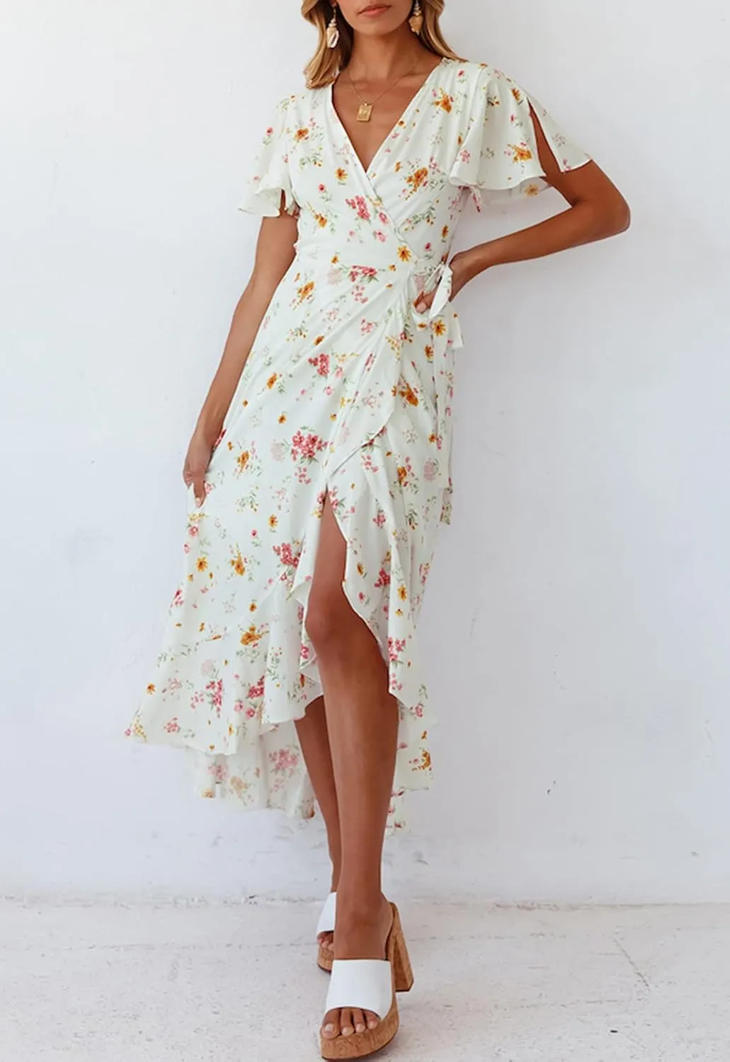 ZESICA Women's Summer Bohemian Floral Printed Wrap V Neck Beach Party Flowy Ruffle Midi Dress